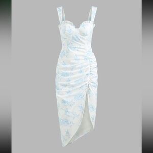Cider White and Blue Ruched Midi Dress
